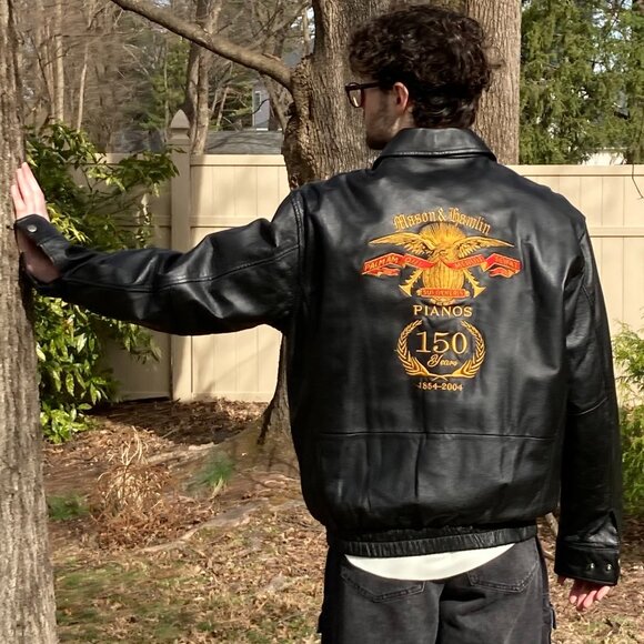 Vintage Columbia Jacket, Black Leather, Mens Medium, w/ Custom Embroidery, Eagle - Picture 1 of 12